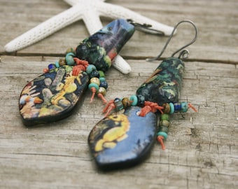 CORAL REEF EARRINGS, Statement Beach, Sea Life Earrings, Ceramic Fired Decal, Ocean, Nautical, Kiyoi Design