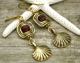 GOLD SHELL Earrings, Gold Plated Mykonos and Czech Glass Earrings, Tropical, Gift for Beach Lover, Sea Life, OOAK, Niobium Earwires