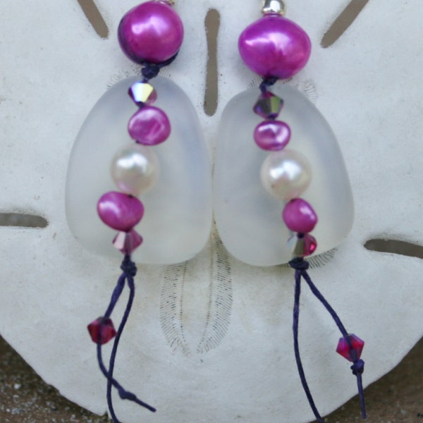 Opal Seaglass and Radiant Orchid Pearl Earrings/Seaglass and Waxed Linen Earrings/ Beach Jewelry/Boho Beach Earrings