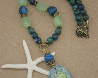 SEA TURTLE Necklace Sheri Mallery Artisan Ceramic, Banded Agate, Chrysocolla, Green Chalcedony, Sea Life Jewelry, Beach Necklace, AnnaBronze