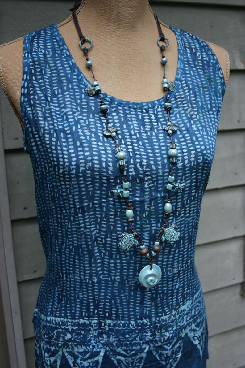 Aqua Ceramic and Green Patina Sea Life NecklaceBeach JewelrySea Life JewelryRaku NecklaceSea Turtle NecklaceIsland StyleTropical