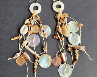 Natural Shell tassel earrings, waxed linen, real seashell, glass bead and Swarovski crystal earrings.