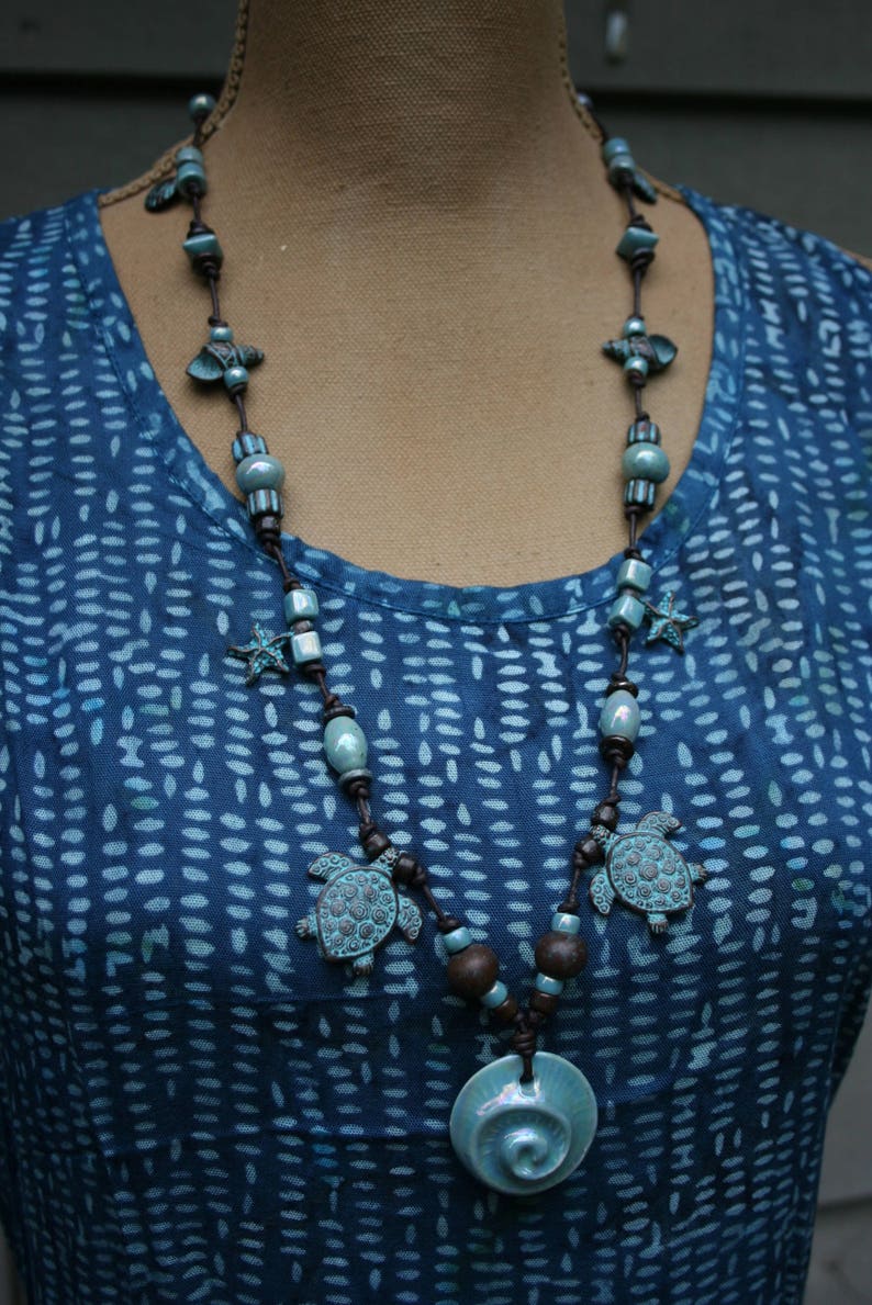 Aqua Ceramic and Green Patina Sea Life NecklaceBeach JewelrySea Life JewelryRaku NecklaceSea Turtle NecklaceIsland StyleTropical