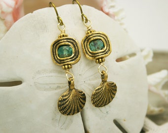 GOLD SHELL Earrings, Gold Plated Mykonos and Czech Glass Earrings, Tropical, Gift for Beach Lover, Sea Life, OOAK, Niobium Earwires