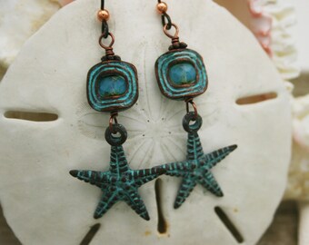 STARFISH Earrings, Mykonos Green Patina and Czech Glass Earrings, Tropical, Gift for Beach Lover, Sea Life, OOAK, Niobium Earwires