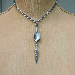 Abalone and Sterling Auger Shell Choker Necklace/Paua Shell Jewelry/Minimalist Beach Jewelry/Island Style/Tropical/Abalone Choker Paua Shell