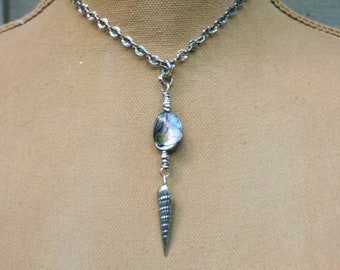 Abalone and Sterling Auger Shell Choker Necklace/Paua Shell Jewelry/Minimalist Beach Jewelry/Island Style/Tropical/Abalone Choker Paua Shell