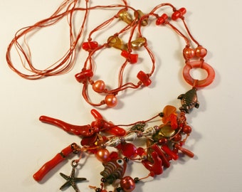 Coral Necklace/Tassel Necklace/Red Coral Beach Jewelry/Boho Beach Necklace/Beachcomber Tassel Necklace
