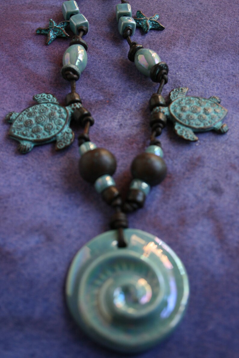 Aqua Ceramic and Green Patina Sea Life NecklaceBeach JewelrySea Life JewelryRaku NecklaceSea Turtle NecklaceIsland StyleTropical