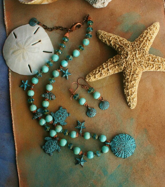 Aqua Ceramic and Green Patina Sea Life NecklaceBeach JewelrySea Life JewelryRaku NecklaceSea Turtle NecklaceIsland StyleTropical