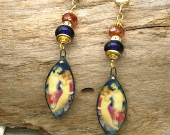 Mermaid Picture Earrings, Beach Jewelry, Long Earrings, Artisan Earrings, Resort, Tropical, Ocean Themed Gift for Beach Lover