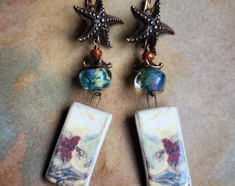 Mermaid Earrings with vintage porcelain illustrations, lampwork glass beads, Annabronze starfish bead caps and posts