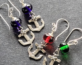 AHOY SAILORS!! ANCHOR Earrings in SterlingSilver, your choice colors, port and starboard, Nautical Jewelry,Lady Captain Earrings, Yacht Club