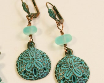 Green Patina Sand Dollar Earrings/Sand Dollar Jewelry/Seaglass Jewelry/Beach Earrings/Mykonos Green Patina Jewelry/Beach Jewelry