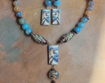 Mermaid Picture Necklace and Earring Set,  upscale beach jewelry, luxe resort art jewelry