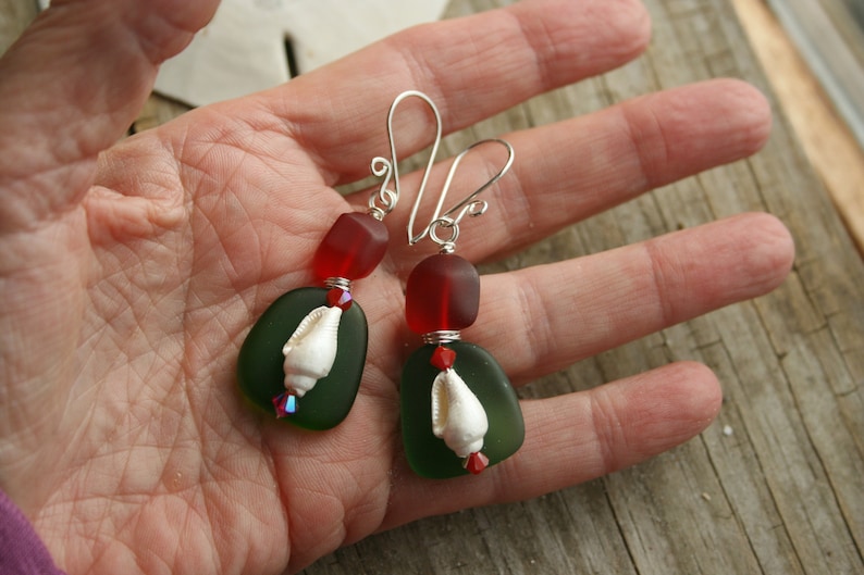 Red and Green Christmas Seaglass Earrings Christmas Shell Earrings Christmas Beach Earrings Coastal Christmas Earrings Beach Jewelry