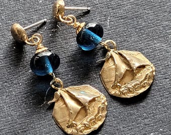 AHOY SAILORS! Gold bronze sailboat/Nautical Jewelry,Boat Lover, Lady Captain Earrings, Yacht Club, lost wax casting, gift for women who sail