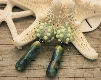 SEA URCHIN EARRINGS Mint Green and Teal Color Palette, Beach Art Jewelry, Beach Statement Earrings, Lampwork and Ceramic Art Earrings