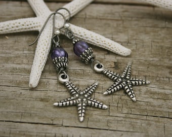 ORECCHINI STELLA MARINA, orecchini in peltro di Mykonos e vetro ceco, tropicali, regalo per gli amanti della spiaggia, vita marina, OOAK, fili per orecchini in niobio