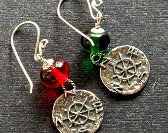 Port and Starboard COMPASS EARRINGS in Sterling Silver and handmade Effetre glass. Nautical Earrings, Beach Jewelry