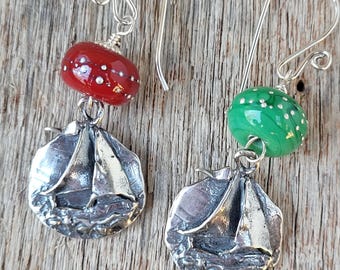 Handmade SAILBOAT Earrings! Sterling Silver w/Silvered lampwork,Nautical Jewelry, Artisan Beach Jewelry, Yacht Club Jewelry, Cruise wear.