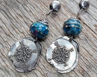 COMPASS ROSE EARRINGS, Nautical Earring, Sterling Silver Earring,Nautical Earring, Beach Jewelry, gift for female sailor