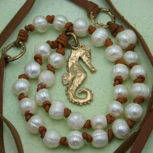 Artisan Seahorse and Baroque Pearl Necklace/Pearls on Leather/Island Style/Sundance Style/Upscale Beach Jewelry/Sealife/Tropical/