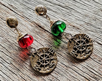 Port and Starboard COMPASS EARRINGS in Nugold bronze and handmade Effetre glass. Nautical Earrings, Beach Jewelry
