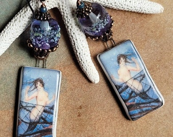 Mermaid Earrings, ceramic mermaid image, lampwork beads, beach earrings, resort wear.