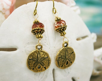 GOLD SAND DOLLAR Earrings, Gold Plated Sand Dollar and Czech Glass Earrings, Tropical, Gift for Beach Lover, Sea Life, Niobium Earwires