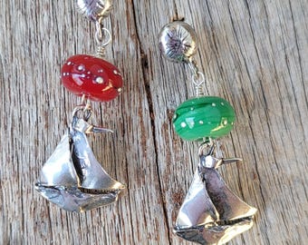 Handmade SAILBOAT Earrings! Sterling Silver w/Silvered lampwork,Nautical Jewelry, Artisan Beach Jewelry, Yacht Club Jewelry, Cruise wear.