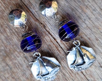 Handmade SAILBOAT Earrings! Sterling Silver w/Silvered lampwork,Nautical Jewelry, Artisan Beach Jewelry, Yacht Club Jewelry, Cruise wear.