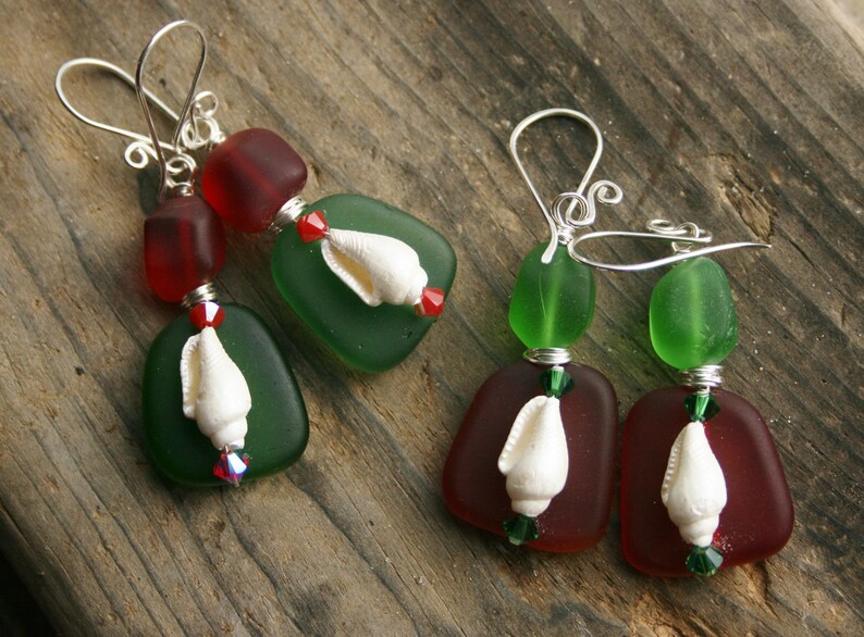 Red and Green Christmas Seaglass Earrings Christmas Shell Earrings Christmas Beach Earrings Coastal Christmas Earrings Beach Jewelry