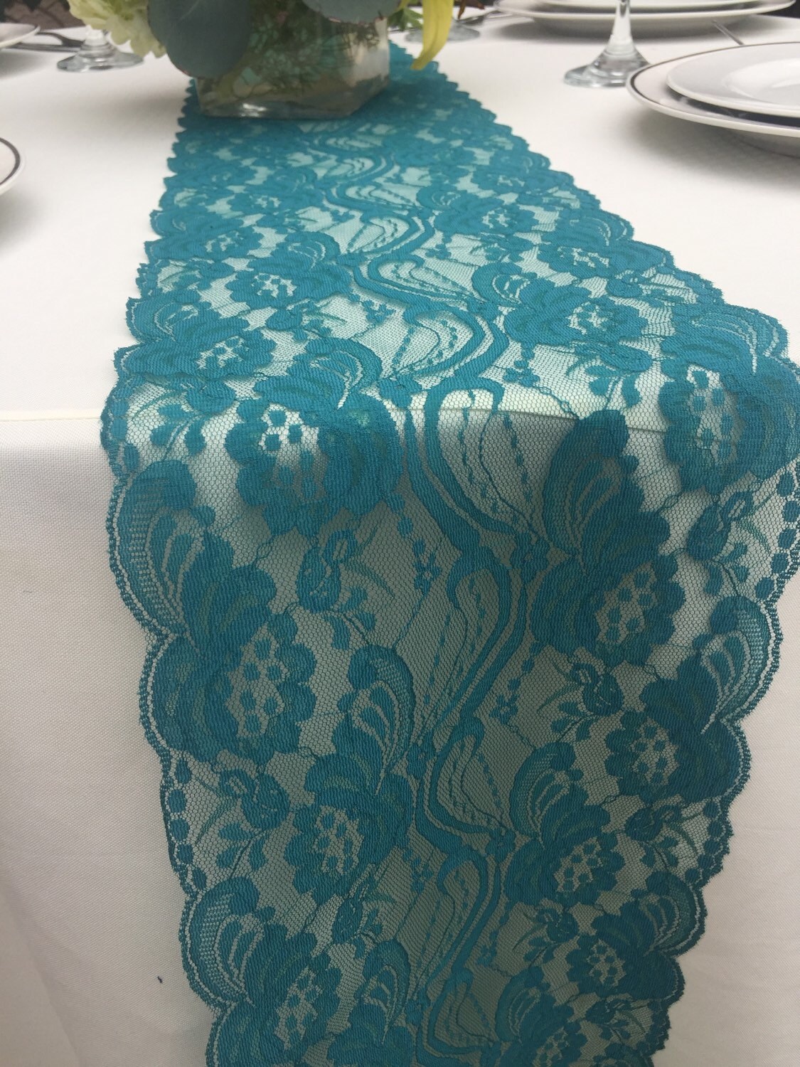 Wedding Lace Table Runner/5ft long x 7wide/Teal Green/ Etsy
