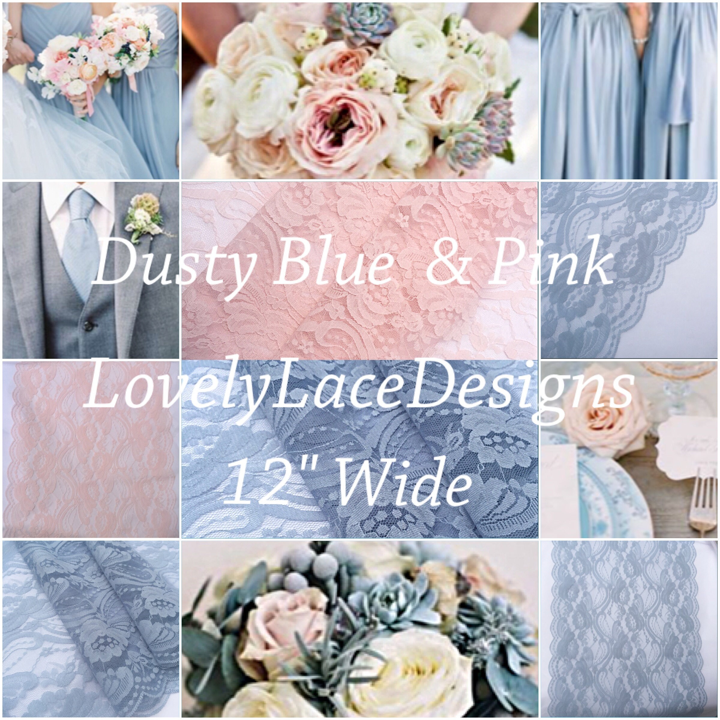 Dusty BLue Blush Pink Lace Table Runner 12ft 20ft Long X 12wide