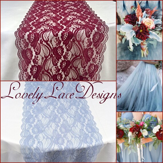 Burgundy Dusty Blue Lace Table Runner 12 Wide 3ft 11ft Etsy