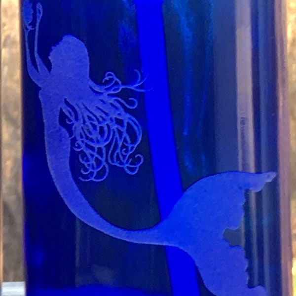 Cobalt blue glass Soap Dispenser with etched Mermaid