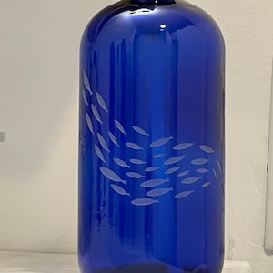 Cobalt blue glass Soap Dispenser with etched School of Fish