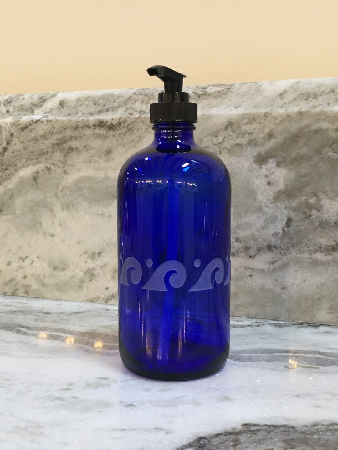 Cobalt Blue Glass Soap Dispenser With Etched Waves Etsy