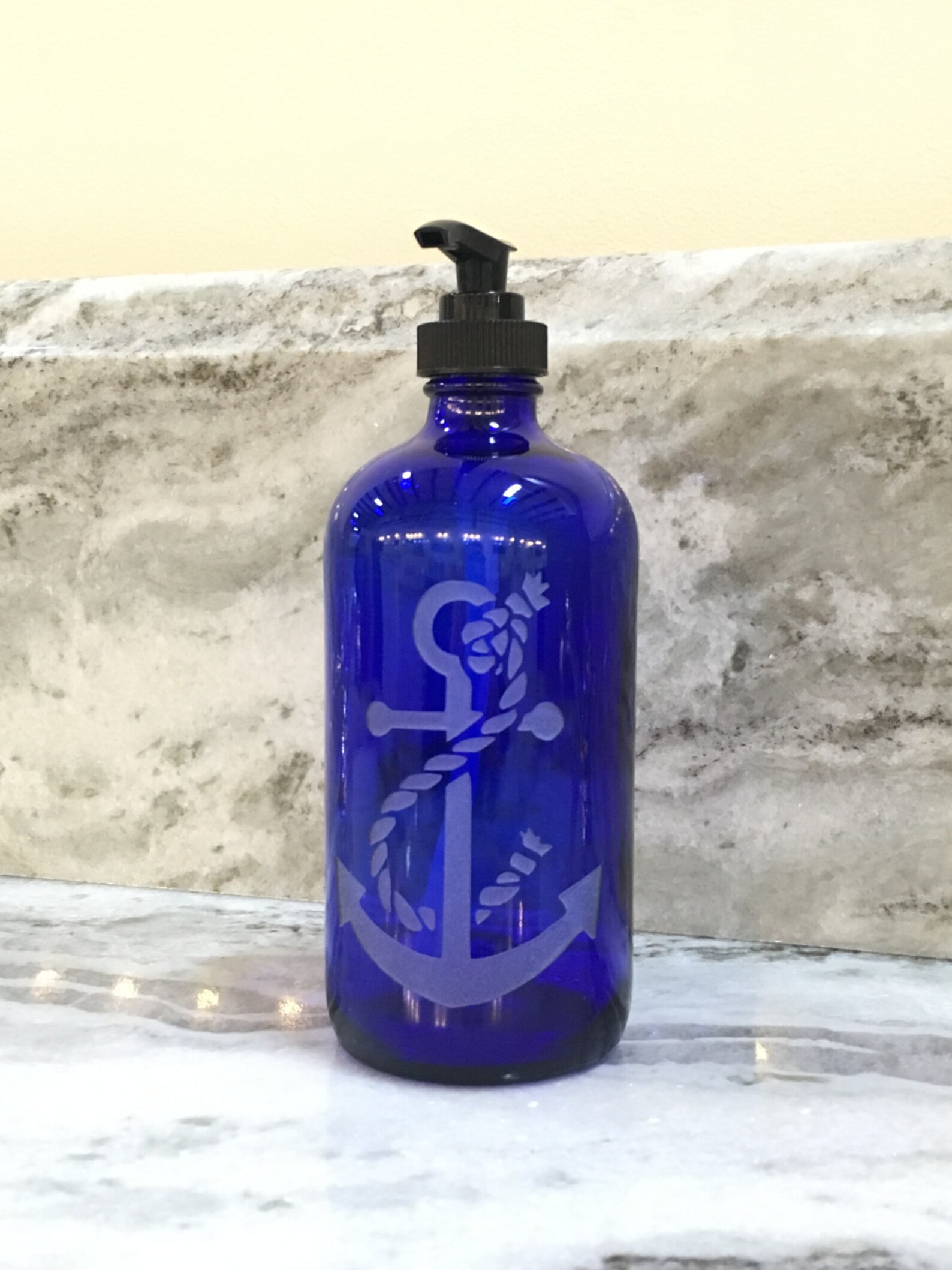 Cobalt Blue Glass Soap Dispenser With Etched Anchor Etsy