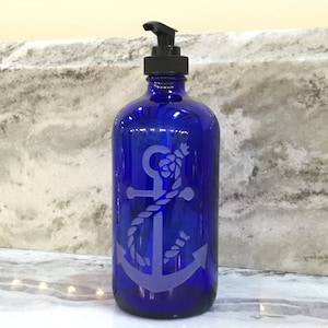 Cobalt blue glass Soap Dispenser with etched Anchor