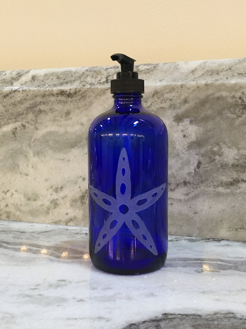 Cobalt Blue Glass Soap Dispenser With Etched Starfish Etsy