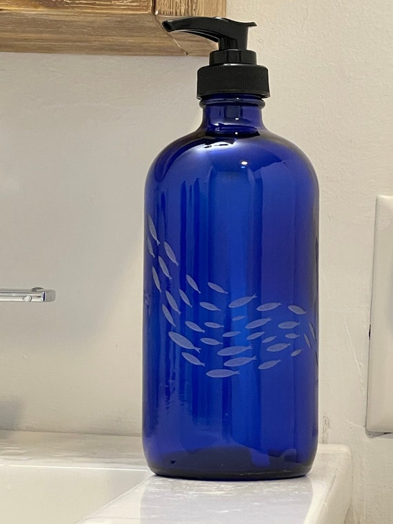 Cobalt blue glass Soap Dispenser with etched School of Fish