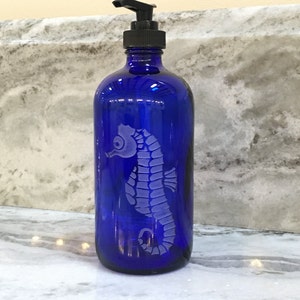 Cobalt blue glass Soap Dispenser with etched Seahorse