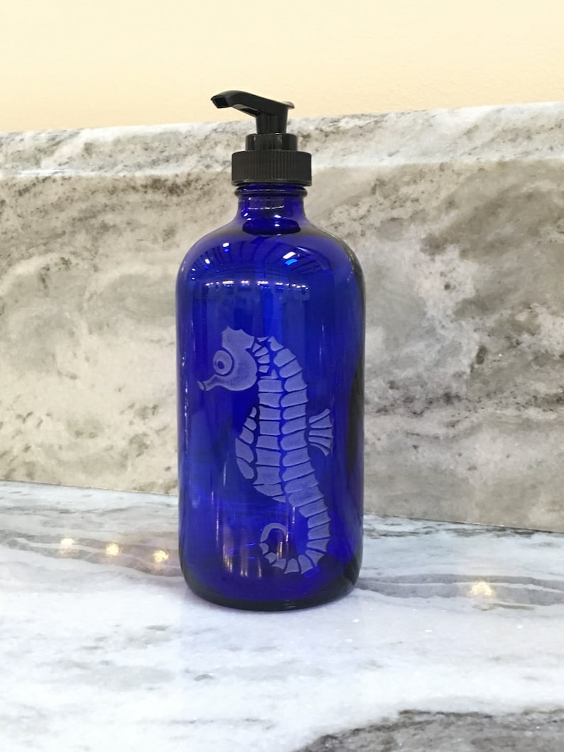 Cobalt Blue Glass Soap Dispenser With Etched Seahorse Etsy