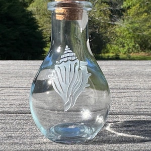 May include: A clear glass bottle with a rounded base and a narrow neck, topped with a cylindrical cork stopper. The front of the glass features a white etched design of a detailed seashell, showcasing intricate ridges and a spiral top structure.