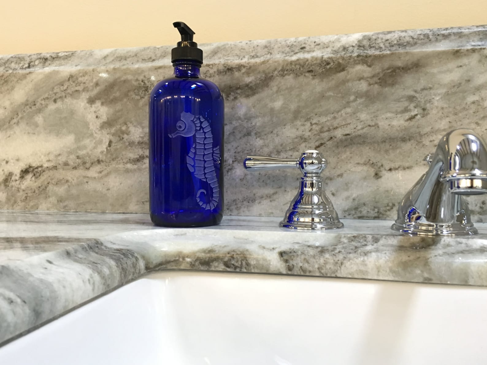 Cobalt blue glass Soap Dispenser with etched Seahorse Etsy