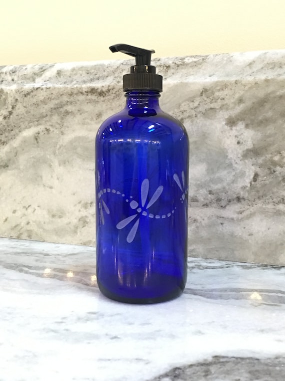 Cobalt Blue Glass Soap Dispenser With Etched Dragonflies Etsy