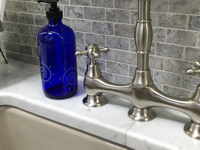 Cobalt blue glass Soap Dispenser with etched Spirals Etsy