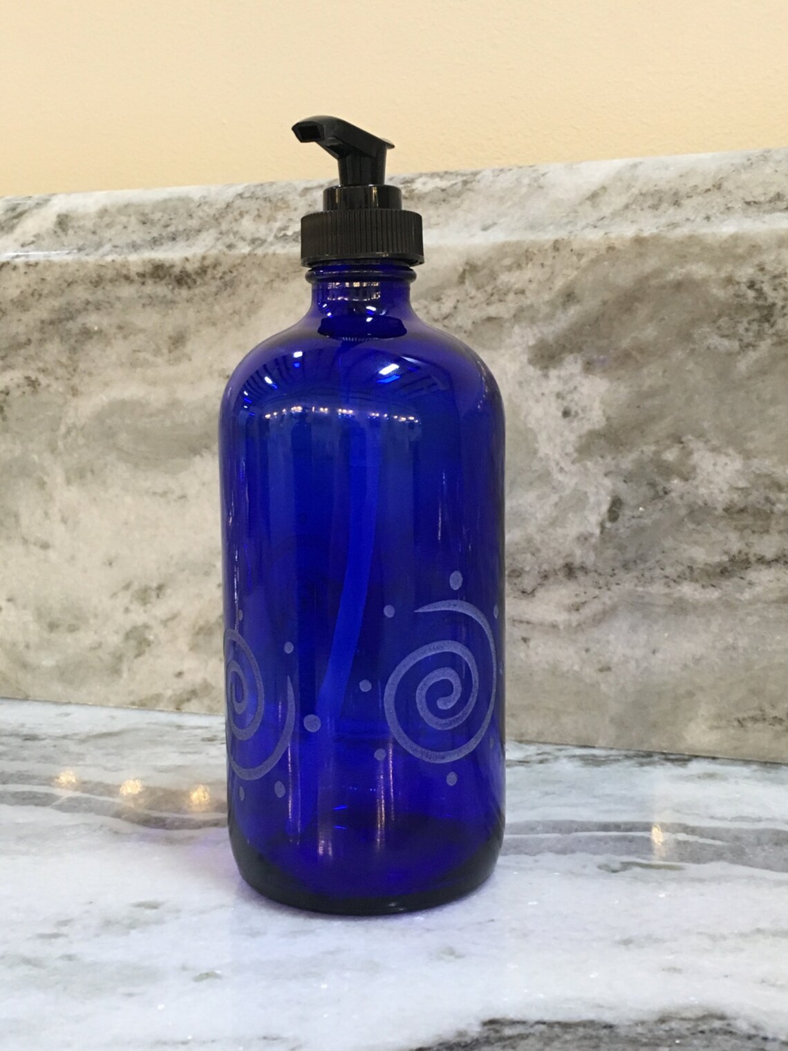 Cobalt Blue Glass Soap Dispenser With Etched Spirals Etsy